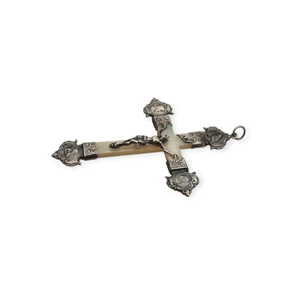 Antique silver and mother-of-pearl crucifix with religious medallions, Belle Époque, circa 1900
