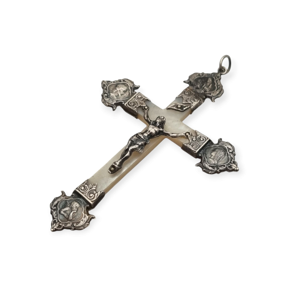 Antique silver and mother-of-pearl crucifix with religious medallions, Belle Époque, circa 1900