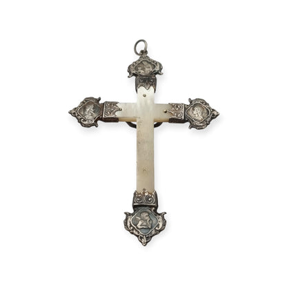 Antique silver and mother-of-pearl crucifix with religious medallions, Belle Époque, circa 1900