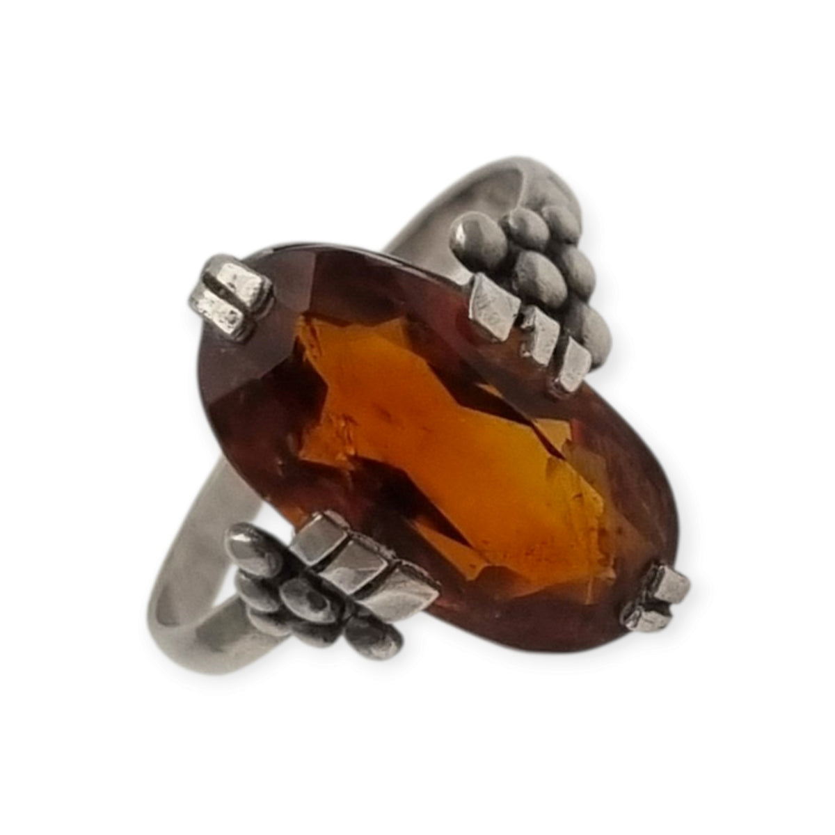 Anillo vintage de estilo Art Déco en plata con cristal coñac facetado, Europa, ca. 1950–1960