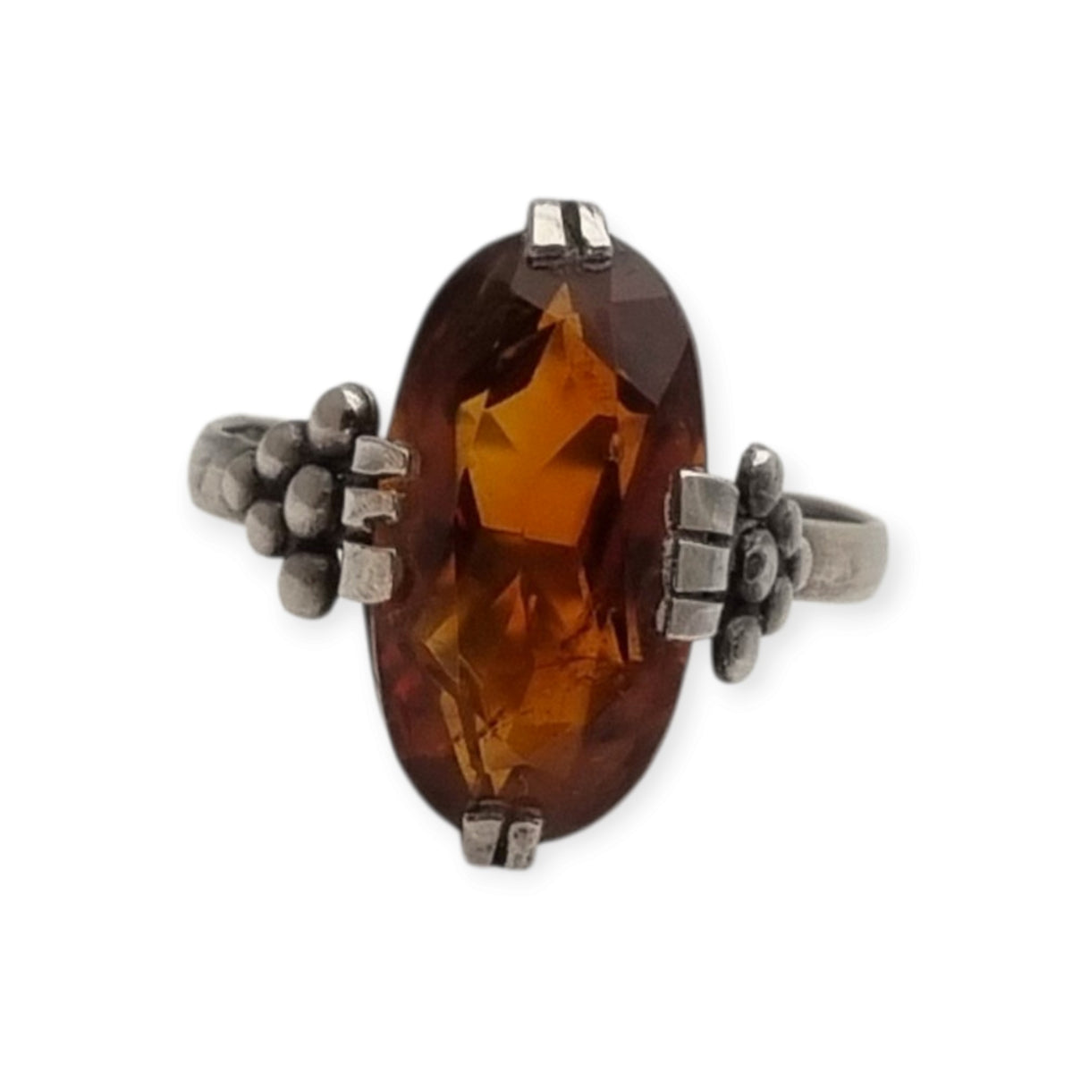 Anillo vintage de estilo Art Déco en plata con cristal coñac facetado, Europa, ca. 1950–1960