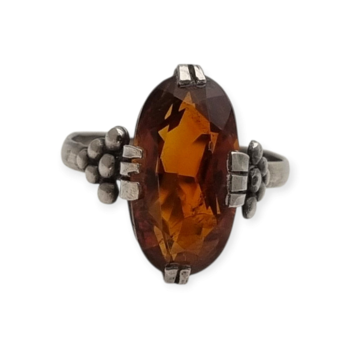 Anillo vintage de estilo Art Déco en plata con cristal coñac facetado, Europa, ca. 1950–1960