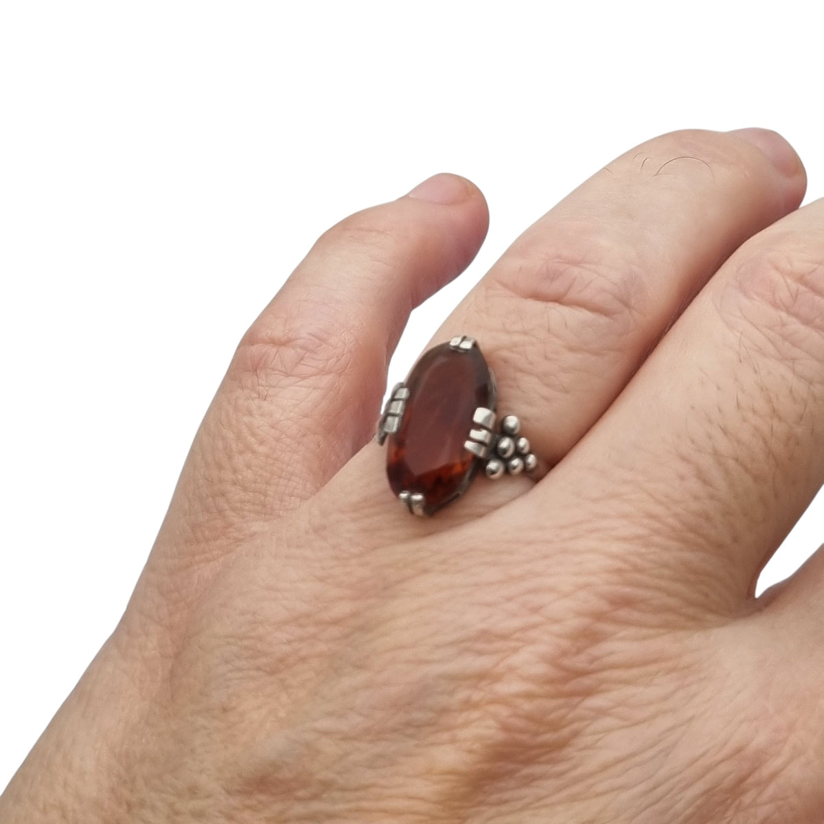 Anillo vintage de estilo Art Déco en plata con cristal coñac facetado, Europa, ca. 1950–1960