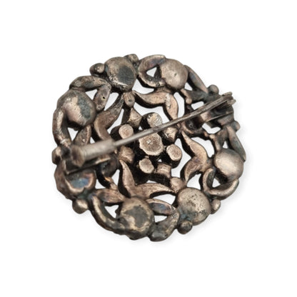 Broche vintage Art Déco de bisutería con pedrería y decoración floral, estilo Hollywood, Europa, ca. 1940–1950