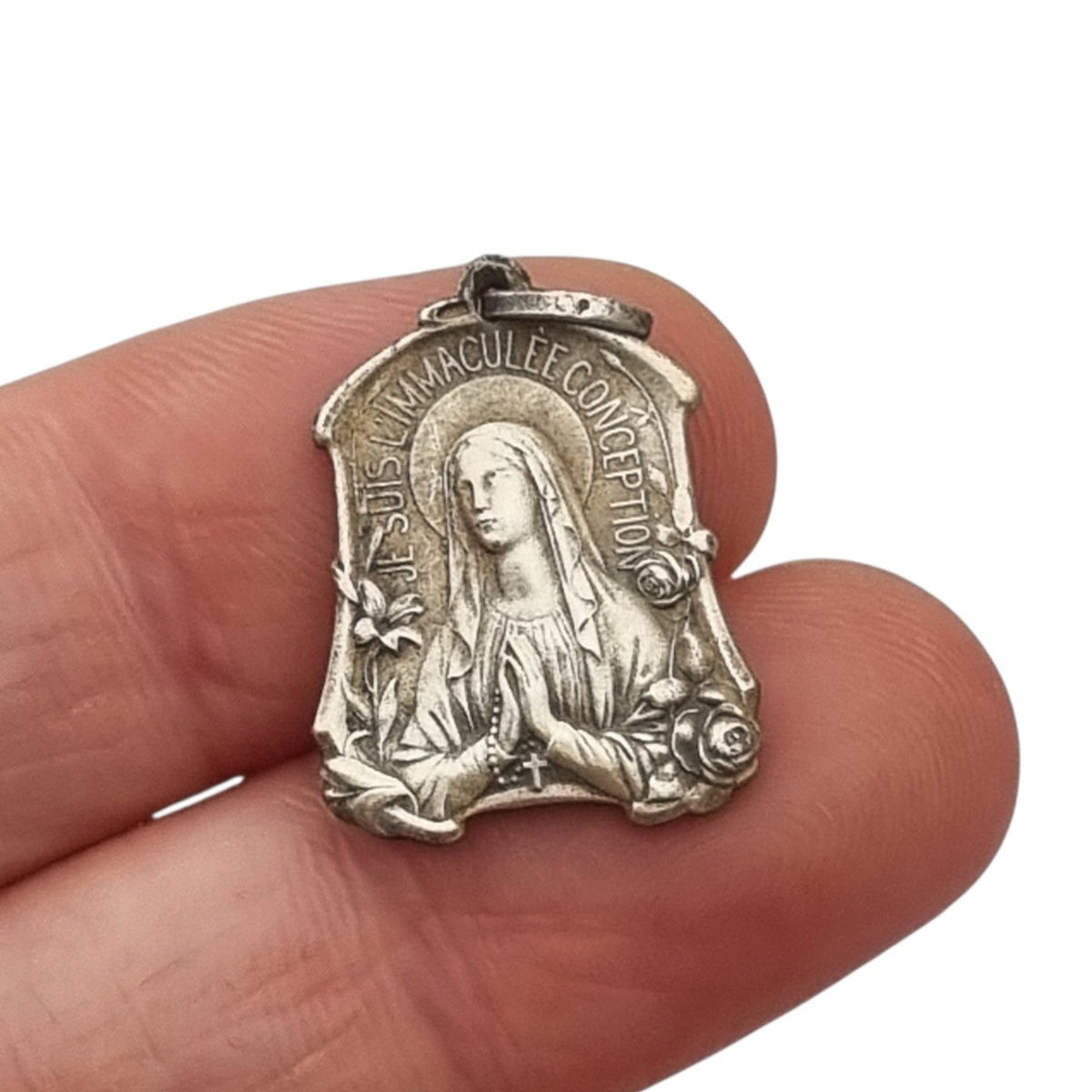Antique Art Nouveau religious medal of Our Lady of Lourdes and the Immaculate Conception with flowers, France, ca. 1900–1930