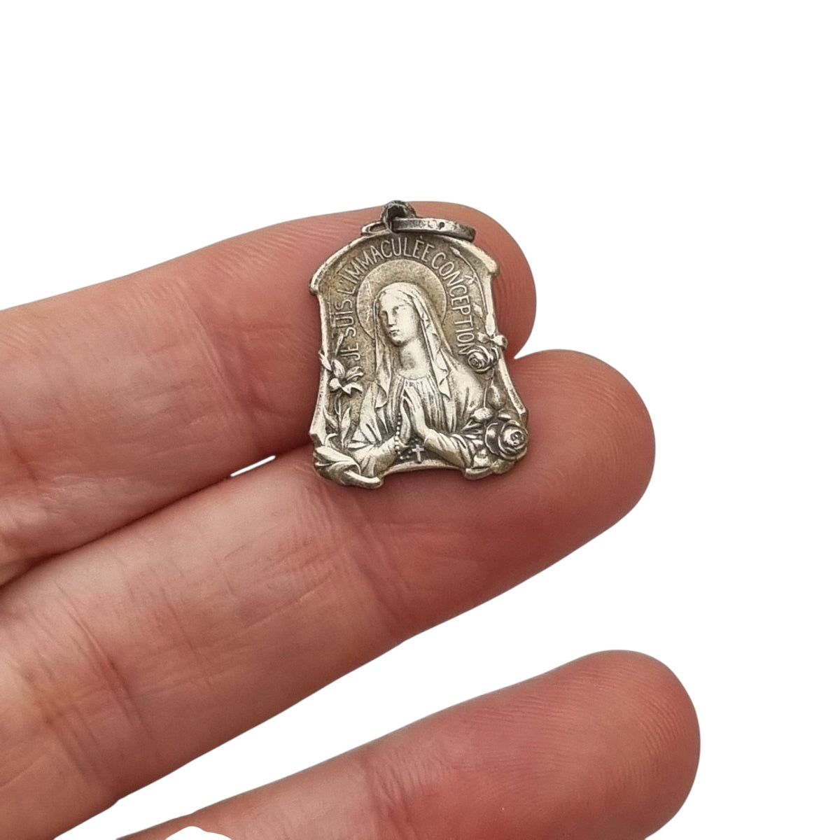 Antique Art Nouveau religious medal of Our Lady of Lourdes and the Immaculate Conception with flowers, France, ca. 1900–1930