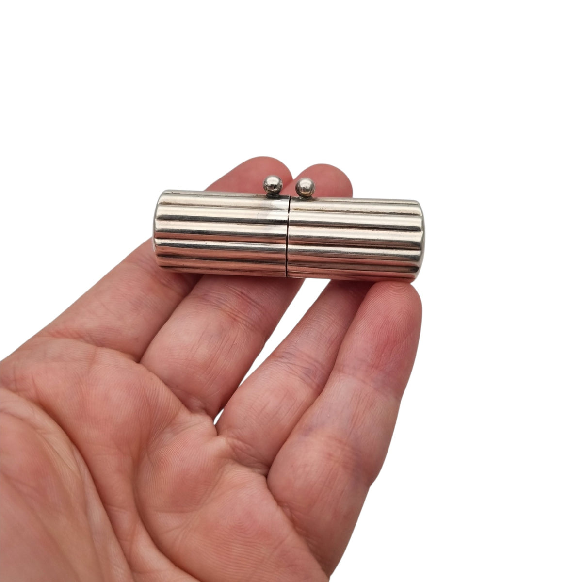 Vintage designer cylindrical case in ribbed 925 silver, Milan, ca. 1940–1960