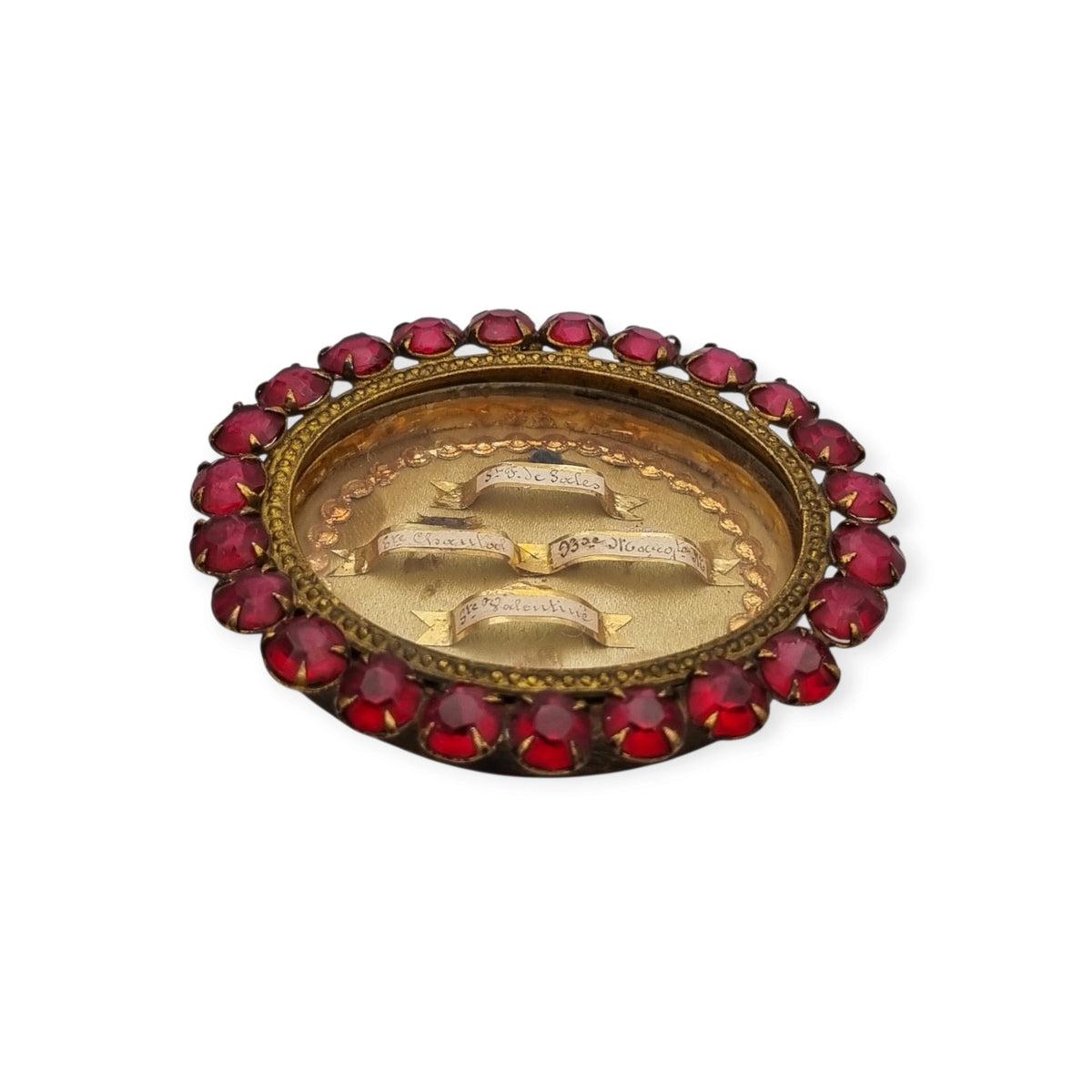 Relicario antiguo neobarroco francés con cuatro reliquias lacradas, Visitación de Annecy, ca. 1870–1920