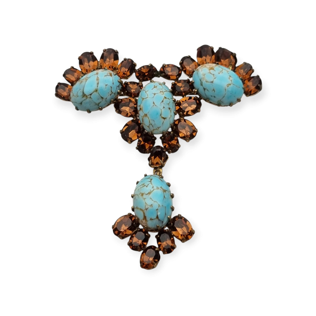 Vintage cocktail brooch with turquoise cabochons and amber crystals, 1950s costume jewelry, ca. 1950–1960