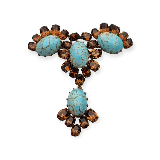 Broche vintage de cóctel con cabujones turquesa y cristales ámbar, bisutería años 50, ca. 1950–1960