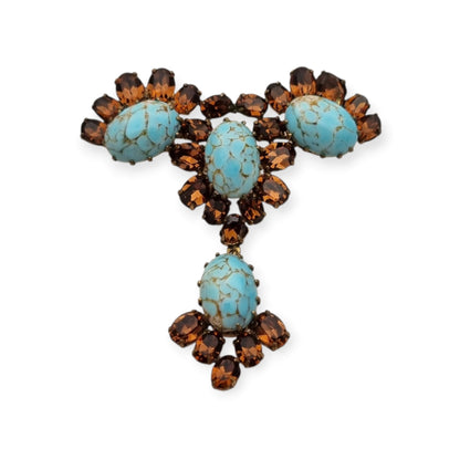 Vintage cocktail brooch with turquoise cabochons and amber crystals, 1950s costume jewelry, ca. 1950–1960