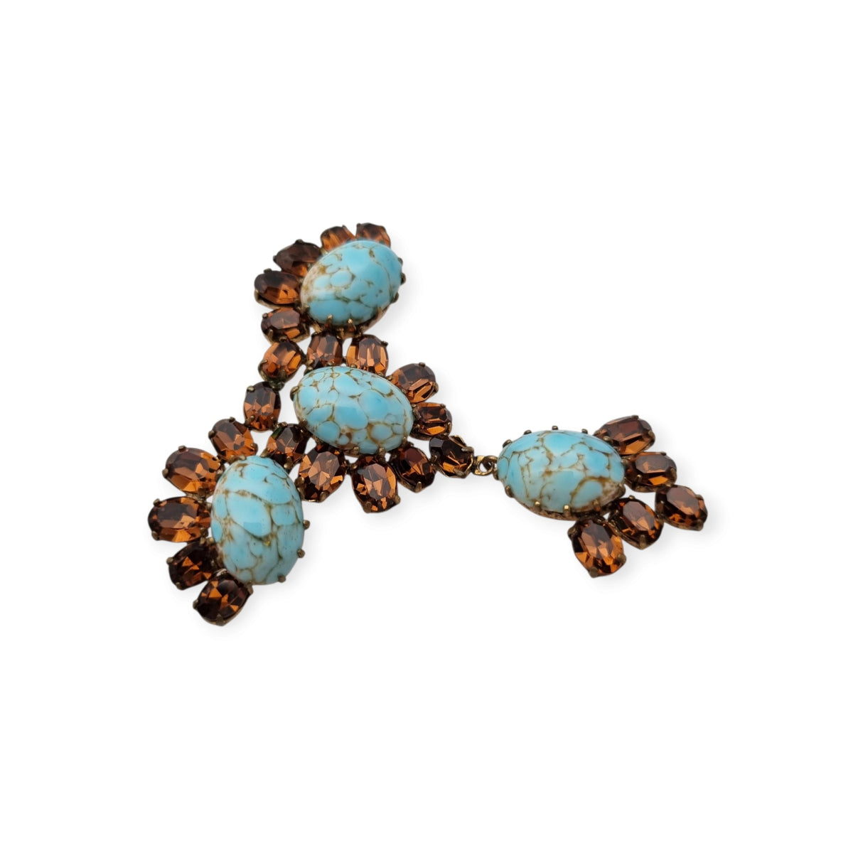 Vintage cocktail brooch with turquoise cabochons and amber crystals, 1950s costume jewelry, ca. 1950–1960