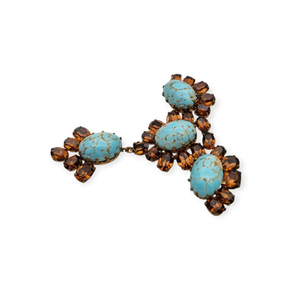 Vintage cocktail brooch with turquoise cabochons and amber crystals, 1950s costume jewelry, ca. 1950–1960