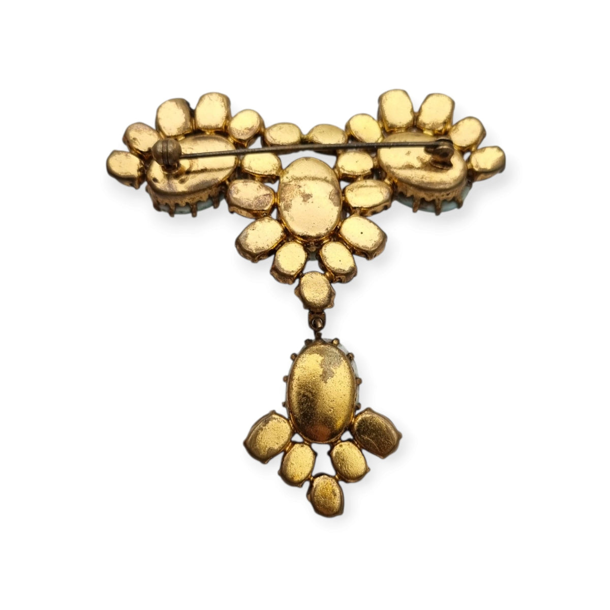 Vintage cocktail brooch with turquoise cabochons and amber crystals, 1950s costume jewelry, ca. 1950–1960