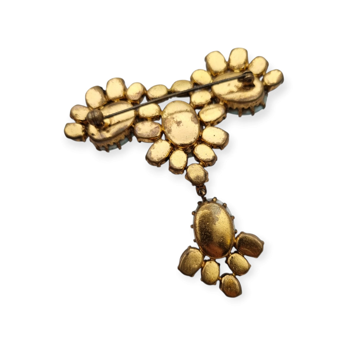 Vintage cocktail brooch with turquoise cabochons and amber crystals, 1950s costume jewelry, ca. 1950–1960