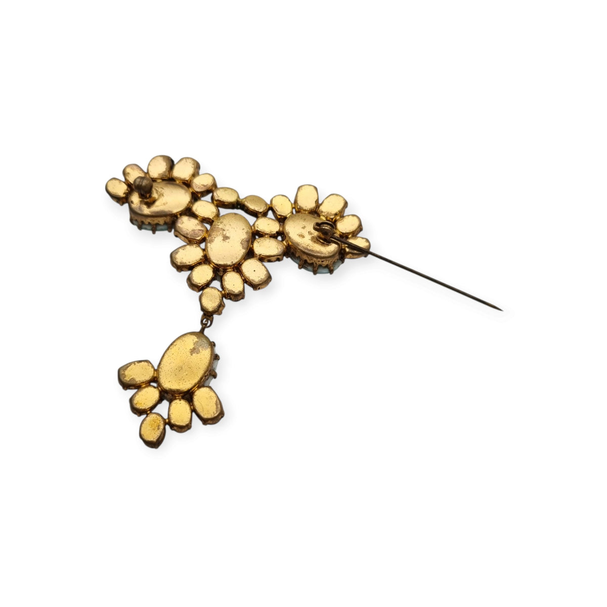 Vintage cocktail brooch with turquoise cabochons and amber crystals, 1950s costume jewelry, ca. 1950–1960