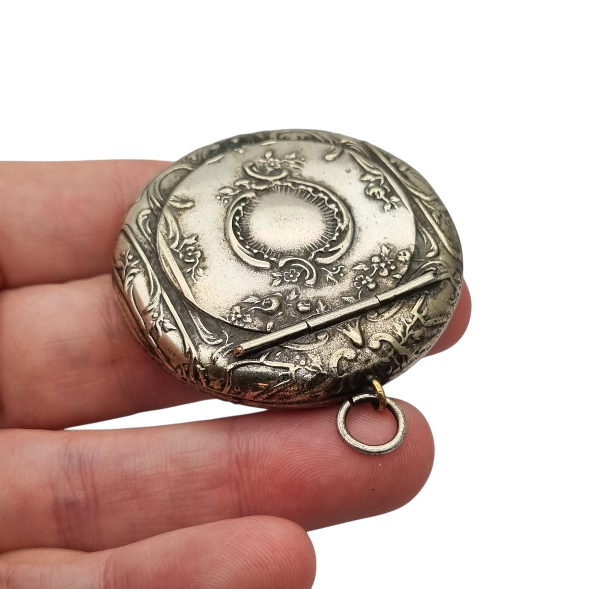Antique floral Art Nouveau silver-plated metal chatelaine tassel holder, ca. 1900–1920