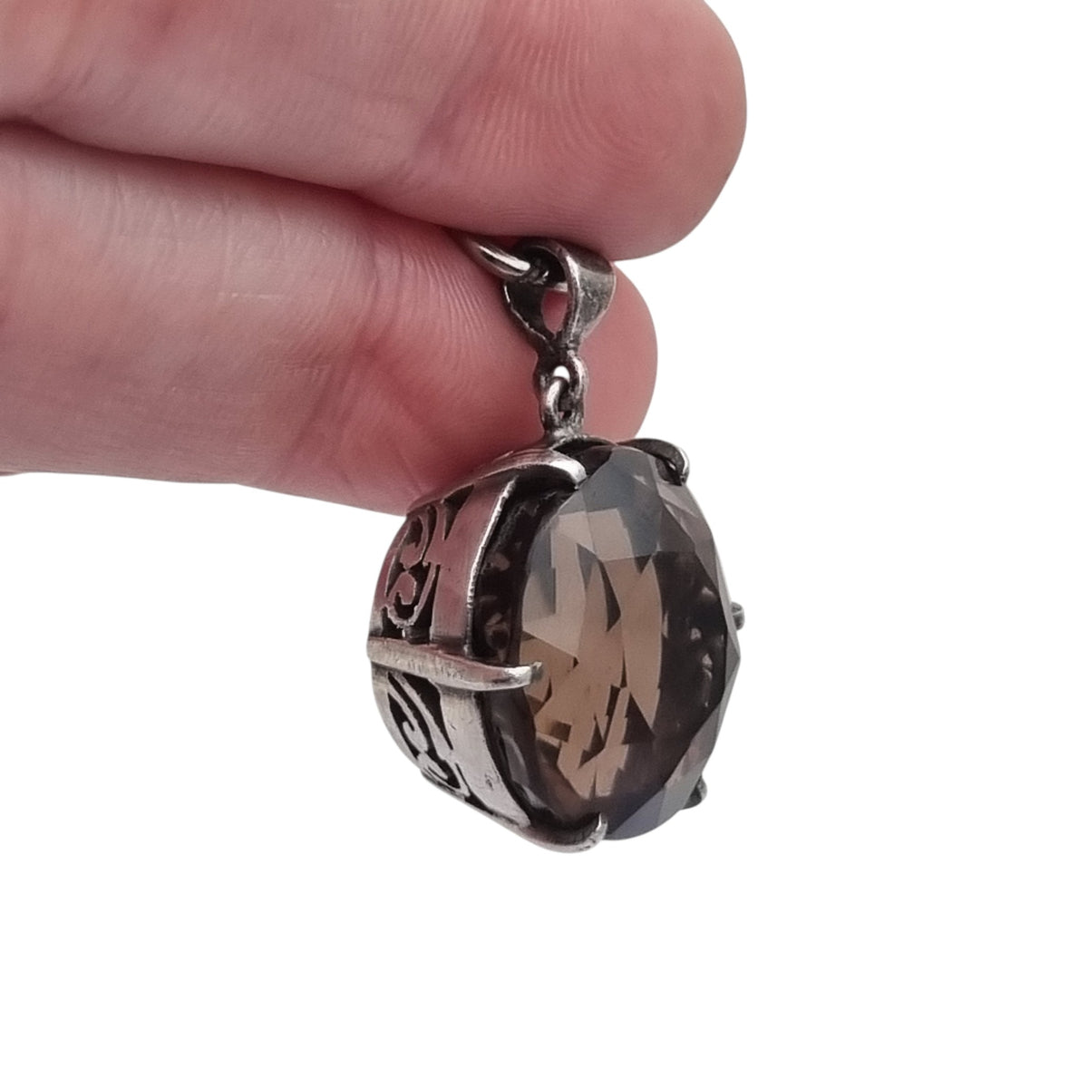 Vintage boho 925 silver pendant with large faceted smoky quartz and openwork setting · Spain, ca. 1980–1990
