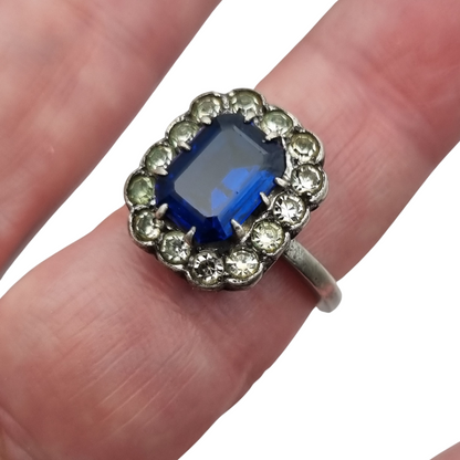 Pompadour silver ring with blue and white rhinestones, Princess Diana style. France, circa 1950