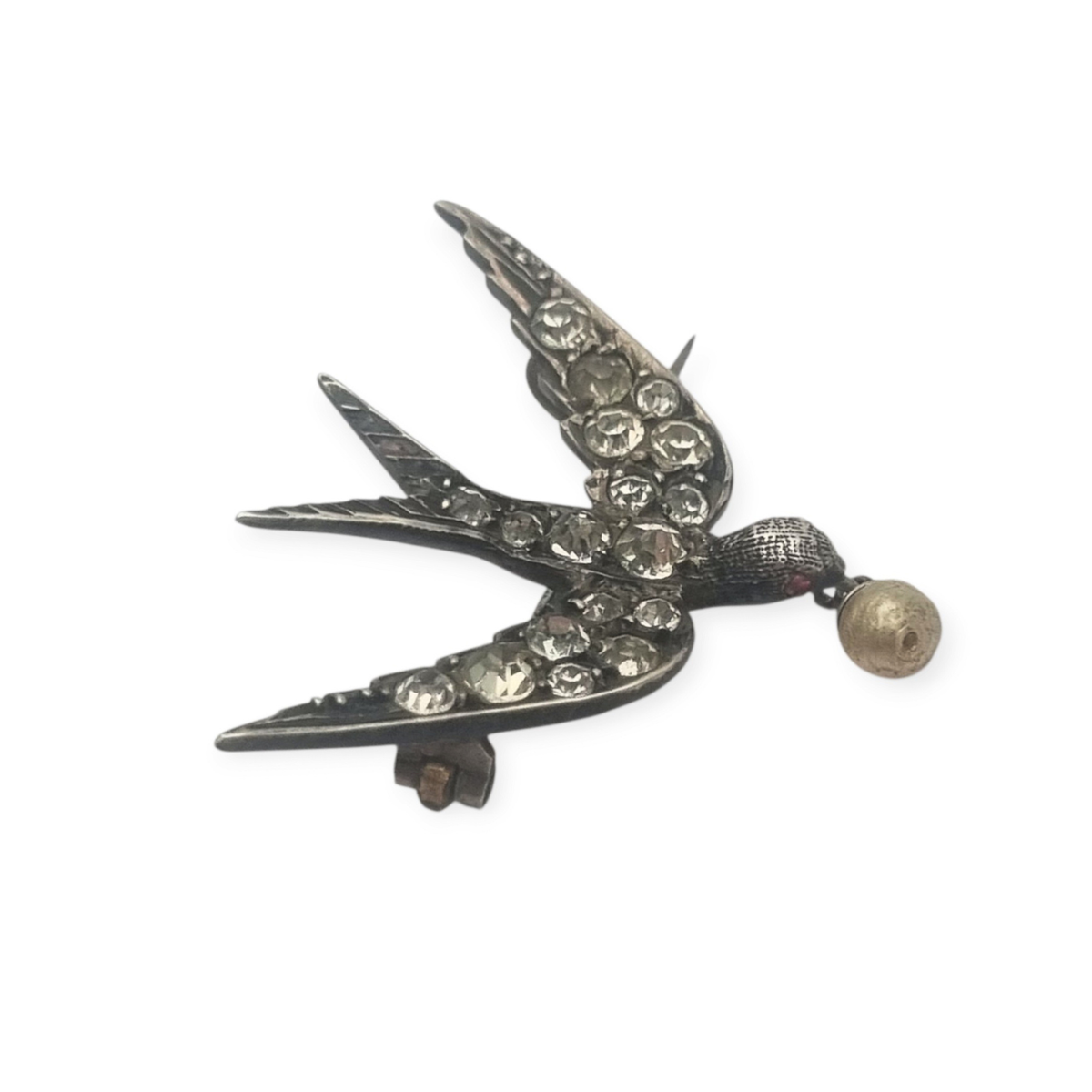 Broche Antiguo Sentimental Victoriano Golondrina de Plata con Pasta Vítrea y Perla, circa 1900