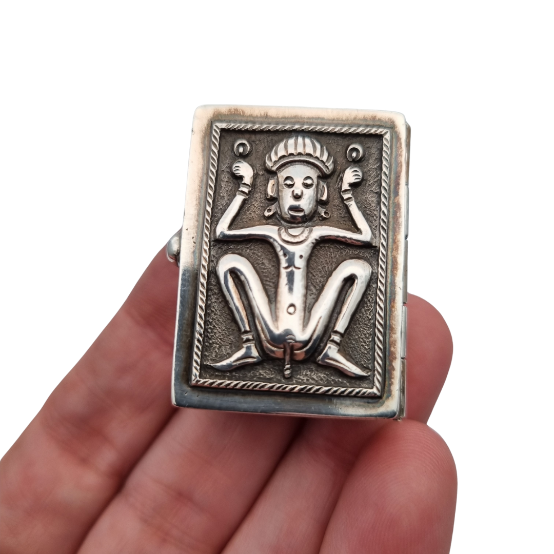925 silver box with ethnic decoration and agate interior finish, 20th century