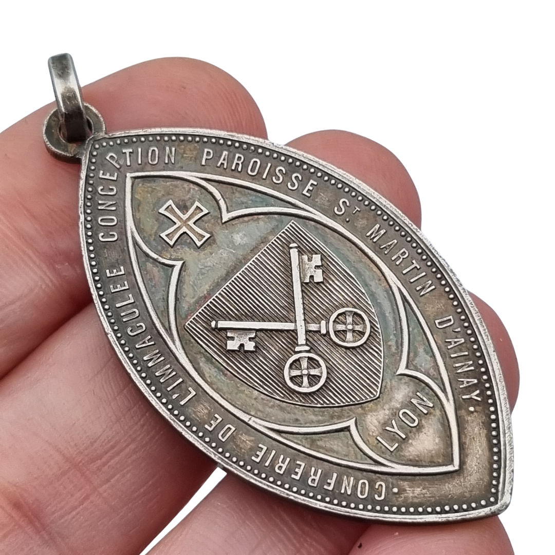 Medalla religiosa antigua en plata Virgen Inmaculada Lyon circa 190