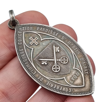 Medalla religiosa antigua en plata Virgen Inmaculada Lyon circa 190