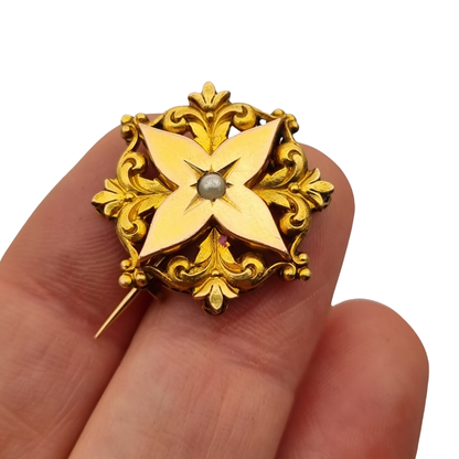 Broche de cuello victoriano FIX en oro laminado y perla central, Francia circa 1900