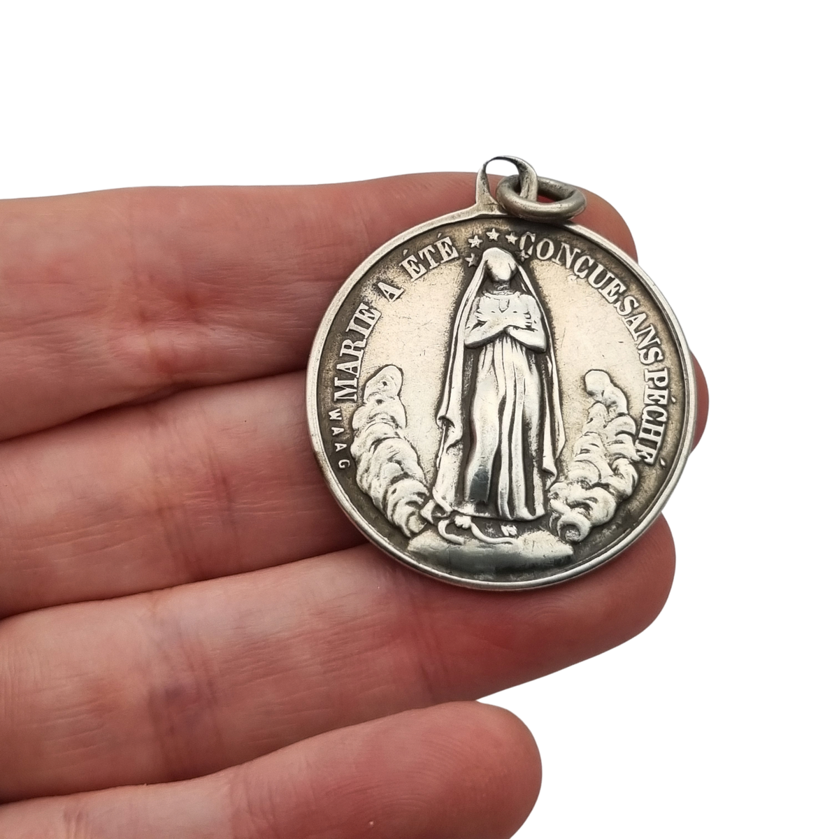 Medalla francesa de la Inmaculada y Sagrado Corazón en plata, firmada Waag, ca. 1880-1905