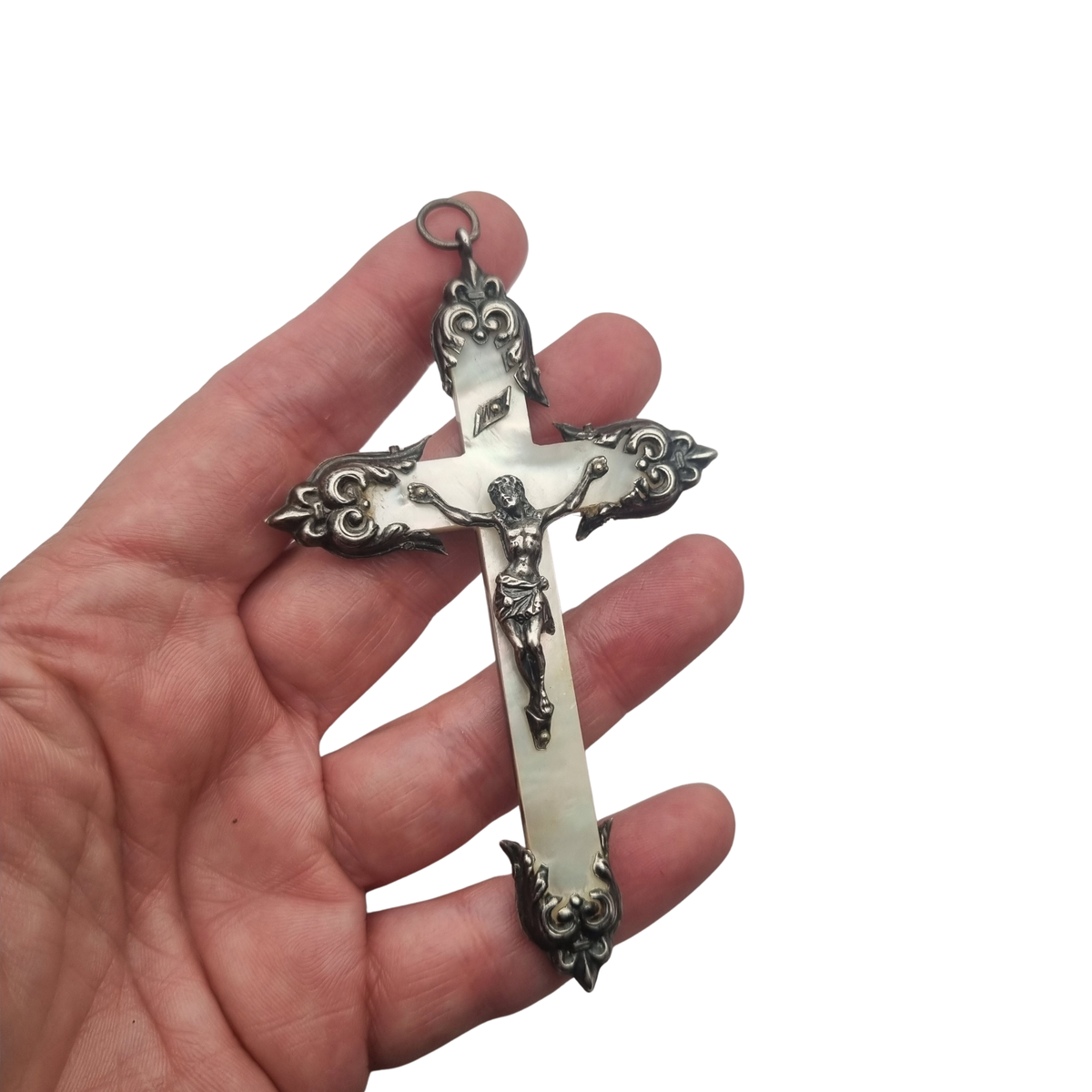 Antique neo-baroque silver and mother-of-pearl crucifix, late 19th century
