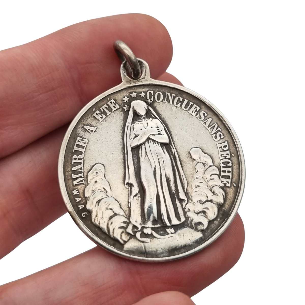 Medalla francesa de la Inmaculada y Sagrado Corazón en plata, firmada Waag, ca. 1880-1905