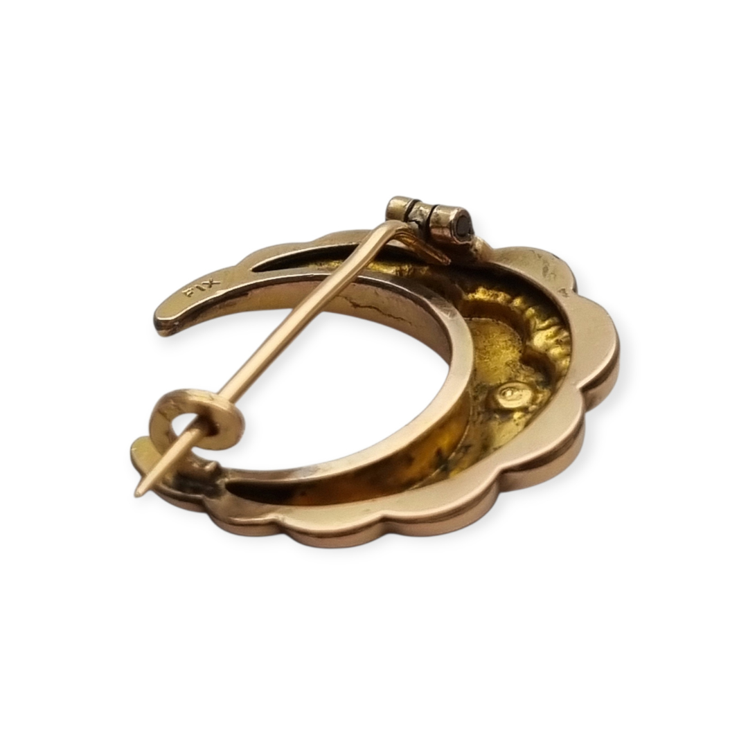 Belle Époque circa 1900 crescent moon brooch by FIX, gold-plated with pearls