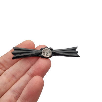 Art Deco vulcanite brooch, religious mourning jewelry, Virgin of Lourdes, circa 1930-1940.