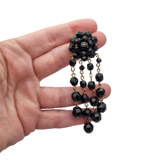 Vintage French Déposé fur clip brooch, cascading faceted black beads, 1940s-1950s