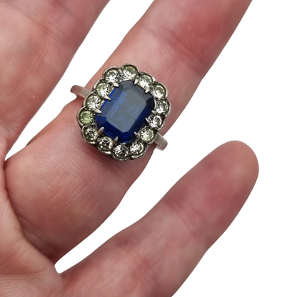 Pompadour silver ring with blue and white rhinestones, Princess Diana style. France, circa 1950