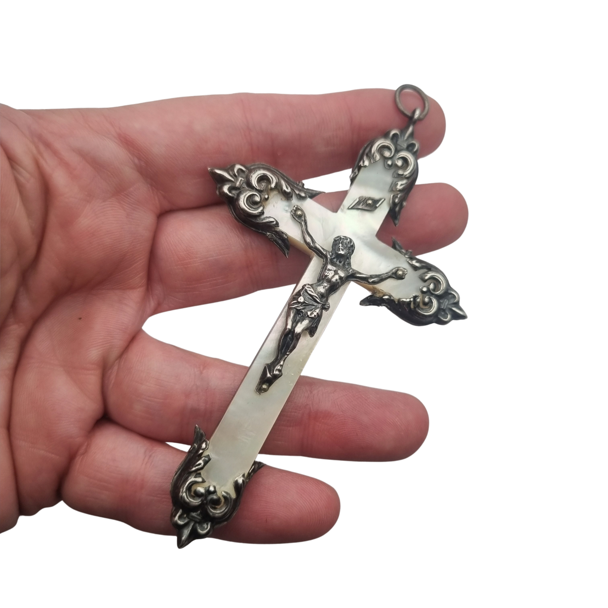 Antique neo-baroque silver and mother-of-pearl crucifix, late 19th century