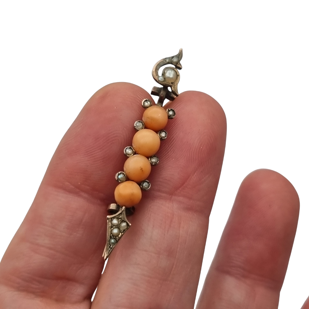 Victorian Arrow Brooch in Gilt Metal with Coral and Pearls, European Floral Jewelry, ca. 1880–1900