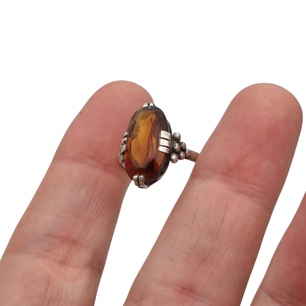 Anillo vintage de estilo Art Déco en plata con cristal coñac facetado, Europa, ca. 1950–1960