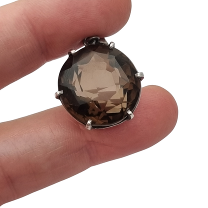 Vintage boho 925 silver pendant with large faceted smoky quartz and openwork setting · Spain, ca. 1980–1990