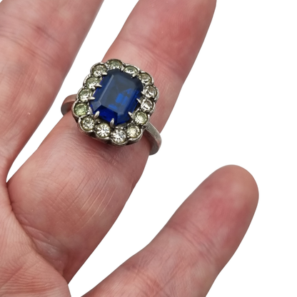 Pompadour silver ring with blue and white rhinestones, Princess Diana style. France, circa 1950