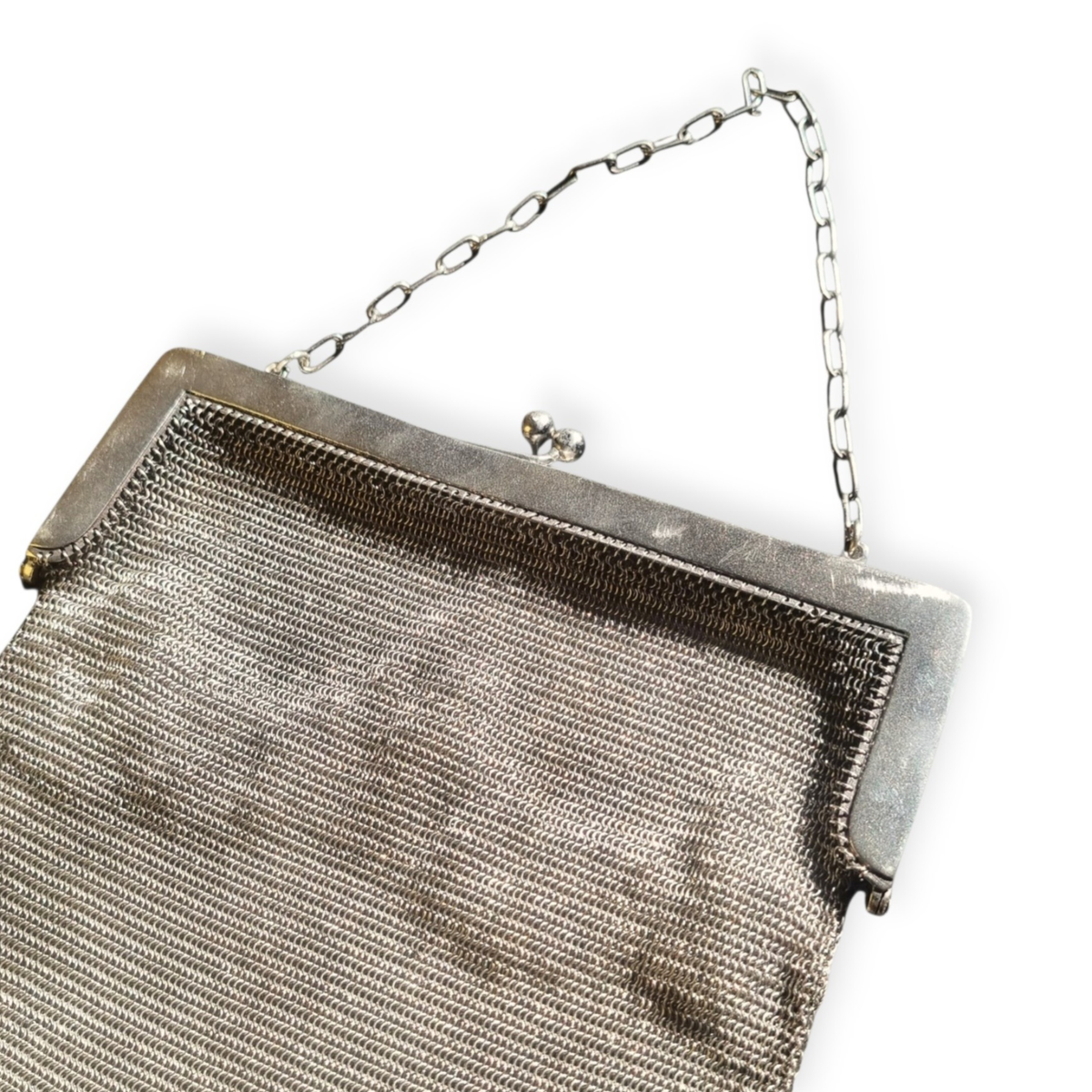 Bolso antiguo Belle Époque de malla de plata 800 con borlas, flecos y boquilla floral, Europa, ca. 1900–1920