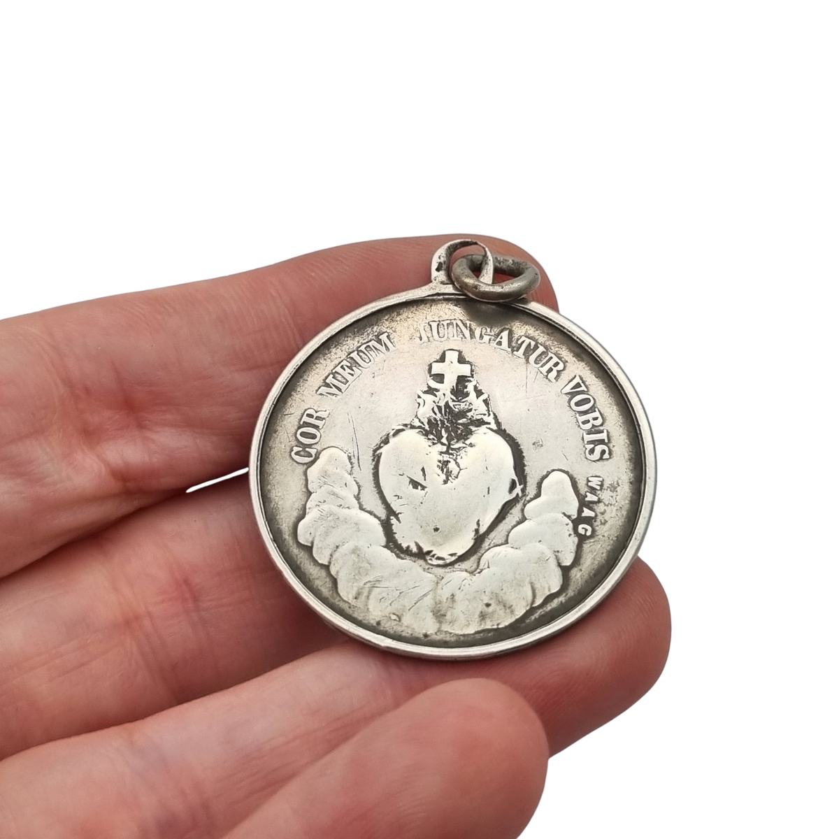 Medalla francesa de la Inmaculada y Sagrado Corazón en plata, firmada Waag, ca. 1880-1905