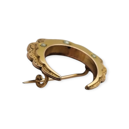 Belle Époque circa 1900 crescent moon brooch by FIX, gold-plated with pearls