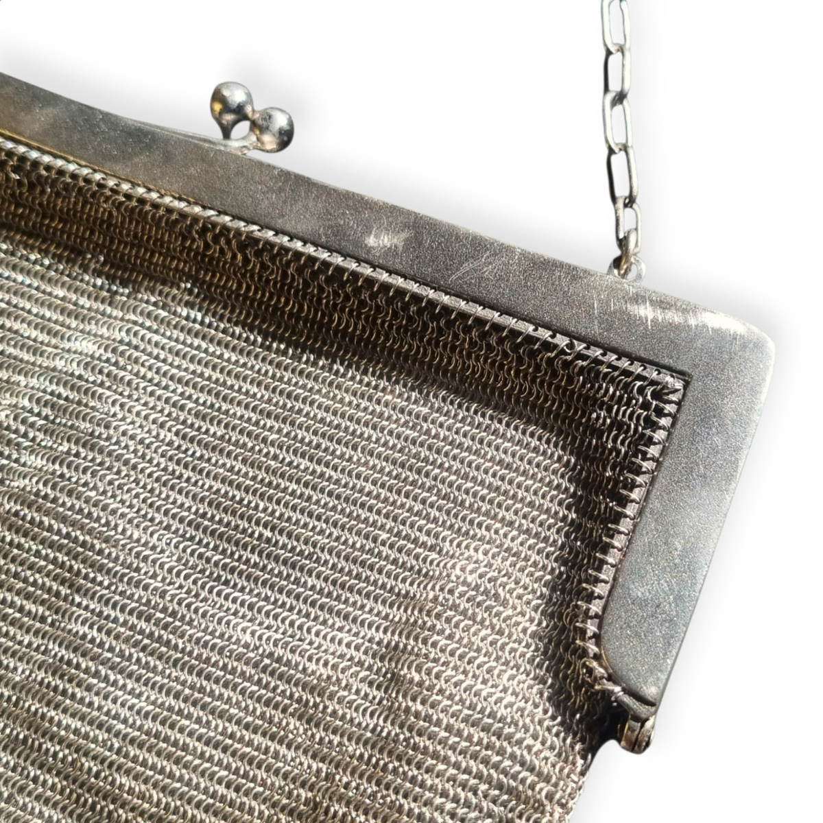 Bolso antiguo Belle Époque de malla de plata 800 con borlas, flecos y boquilla floral, Europa, ca. 1900–1920