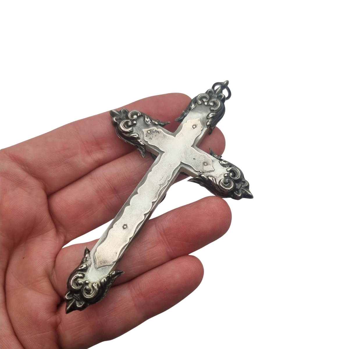 Antique neo-baroque silver and mother-of-pearl crucifix, late 19th century