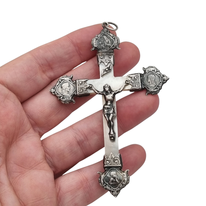 Antique silver and mother-of-pearl crucifix with religious medallions, Belle Époque, circa 1900