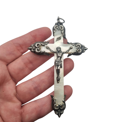 Antique neo-baroque silver and mother-of-pearl crucifix, late 19th century