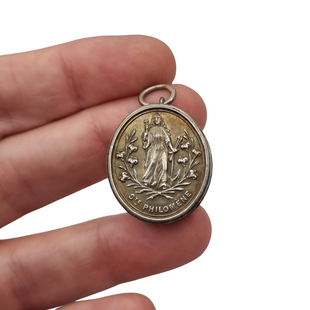 Antique Devotional Silver Reliquary of Saint Philomena with Original Sealed Relic circa 1900