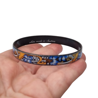 Vintage Arta Austria Enameled Bracelet with Blue Flowers, Jugendstil Style, Circa 1980