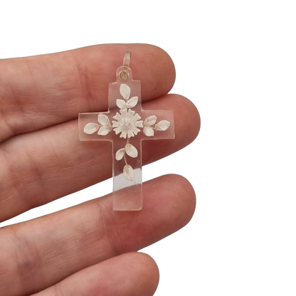 French Vintage Clear Lucite Hanging Cross with Floral Etching, Religious Jewelry circa 1930s-1950s